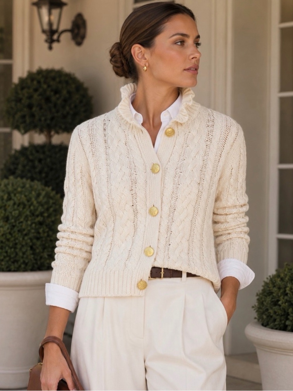 J. Crew Cream Cable Knit Cropped Cardigan with Gold Buttons